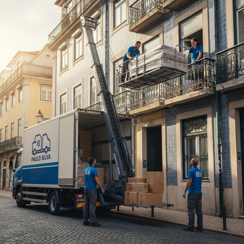 Elevador exterior a ser usado numa mudança